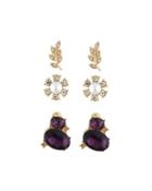 Mixed Crystal & Pearl Stud Earring Trio, Set Of Three, Gold