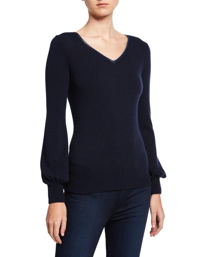 Cashmere Blouson-sleeve V-neck Sweater W/