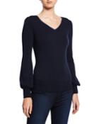Cashmere Blouson-sleeve V-neck Sweater W/