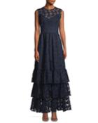 Fowler Sleeveless Tiered Lace Gown, Navy