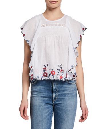 Smocked Butterfly Floral-embroidered Top