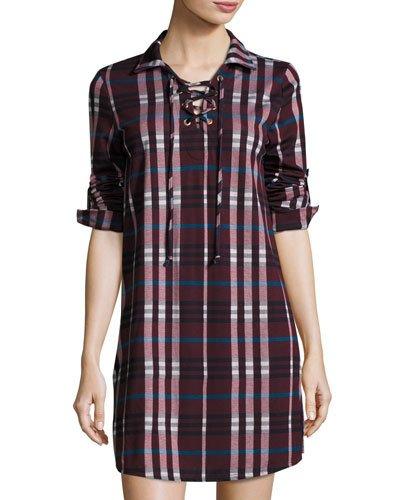 Plaid-print Lace-up Tunic Dress, Purple/multi