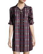 Plaid-print Lace-up Tunic Dress, Purple/multi