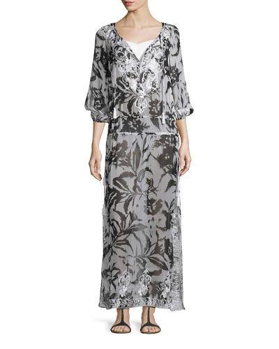 Silk Chiffon Boho Maxi Coverup Dress, White/black