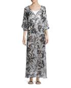 Silk Chiffon Boho Maxi Coverup Dress, White/black