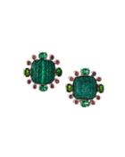 Carved Malachite Flower & Mixed Gemstone Button Earrings