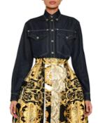 Long-sleeve Button-front Denim Blouse