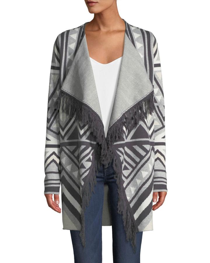 Fringe-trimmed Geometric-jacquard Cardigan