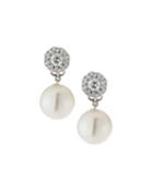 18k White Gold Diamond Post & Pearl Drop Earrings