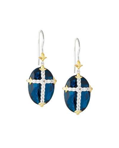 Oval Quartz Doublet Dangle & Drop Earrings W/ Pave Cross, Blue