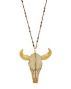 Long Beaded Longhorn Skull Pendant Necklace, Green