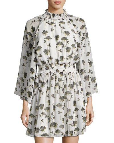 Smocked-trim Floral-print Dress, Neutral Pattern