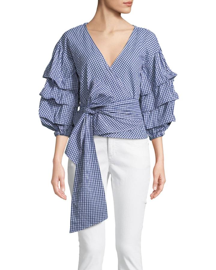 Balloon-sleeve Gingham Wrap-blouse