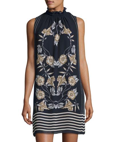 Floral-print Chiffon Mock-neck Dress, Dark Navy