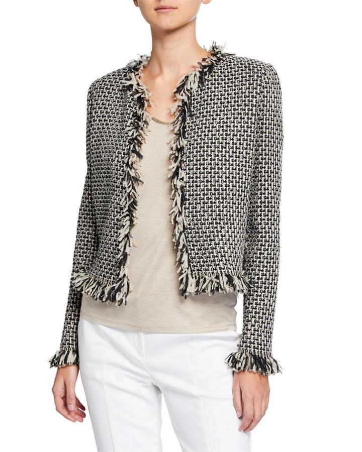Inlay Knit Jacket W/ Fringe Trim