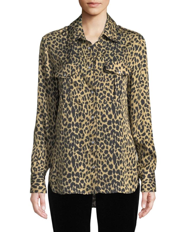 Long-sleeve Button-front Leopard Animal-print