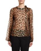 Leopard Silk Blouson-sleeve Neck-tie Blouse