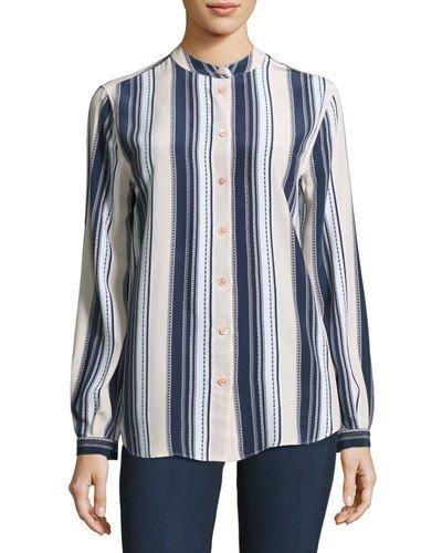 Henri Striped Silk Blouse, Blue Pattern