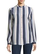 Henri Striped Silk Blouse, Blue Pattern