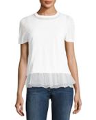 Chiffon-trim Short-sleeve T-shirt, White