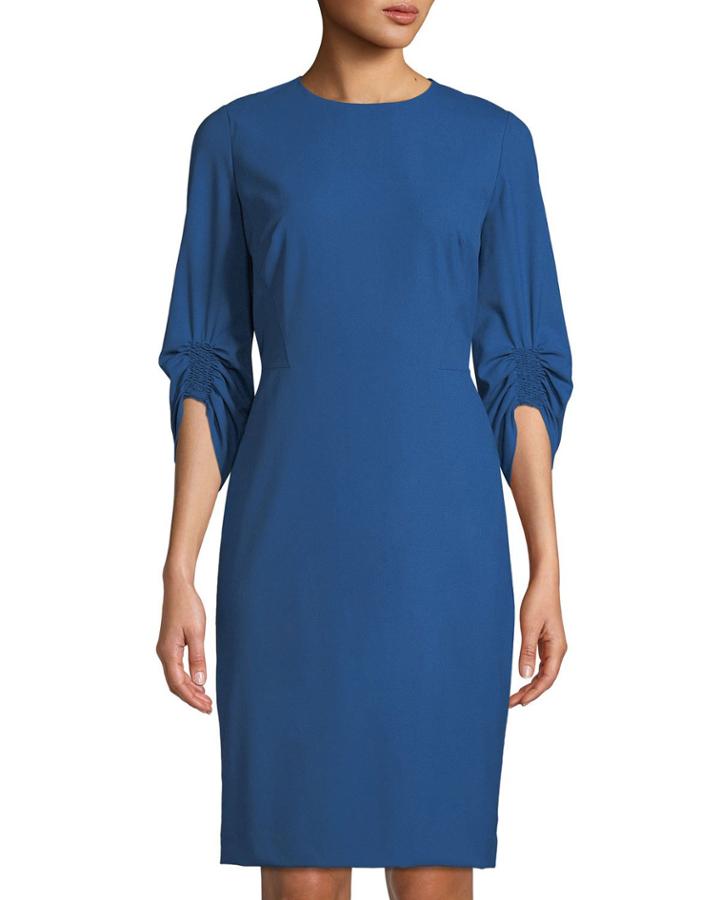 Erland Ruched-sleeve Sheath Dress, Blue