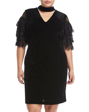 Lace-sleeve Choker-neck Dress,