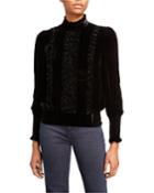 Mock-neck Long-sleeve Button-back Ruffled Velvet Top
