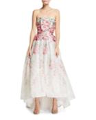 Strapless Rose-print Cloque Gown