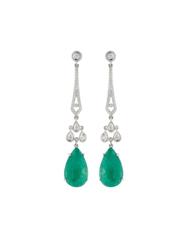 18k Long Emerald Pear & Diamond Drop Earrings
