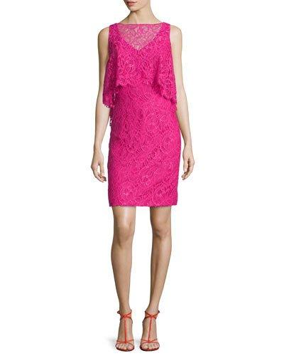 Sleeveless Trompe L'oeil Lace Dress, Passion Fruit