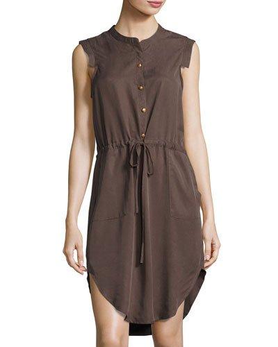 Drawstring-waist Sleeveless Shirtdress, Brown