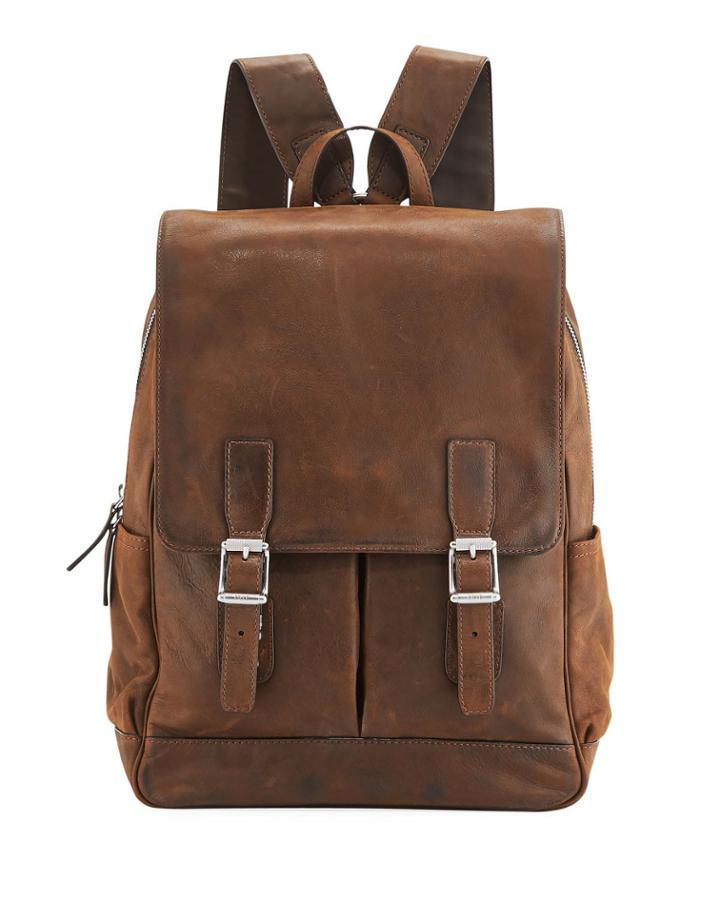 Oliver Distressed Leather Buckle Backpack, Brown