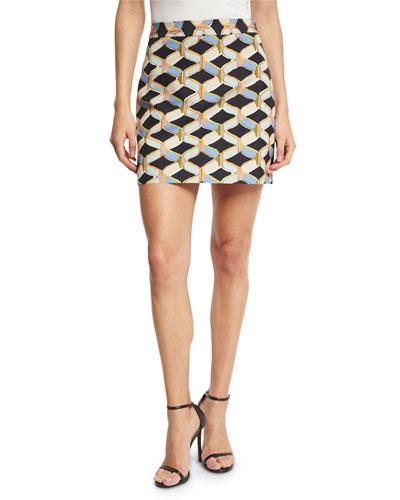 Chain-print Faille Miniskirt, Black