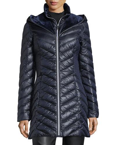 Velveteen-hooded Puffer Jacket