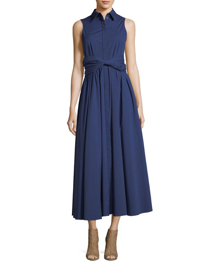 Sash-waist Button-front A-line Stretch-poplin