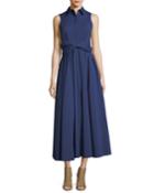 Sash-waist Button-front A-line Stretch-poplin