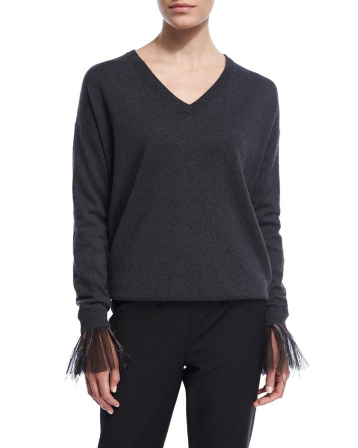 2-ply Cashmere Sweater W/tulle Feather Cuffs
