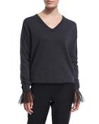 2-ply Cashmere Sweater W/tulle Feather Cuffs