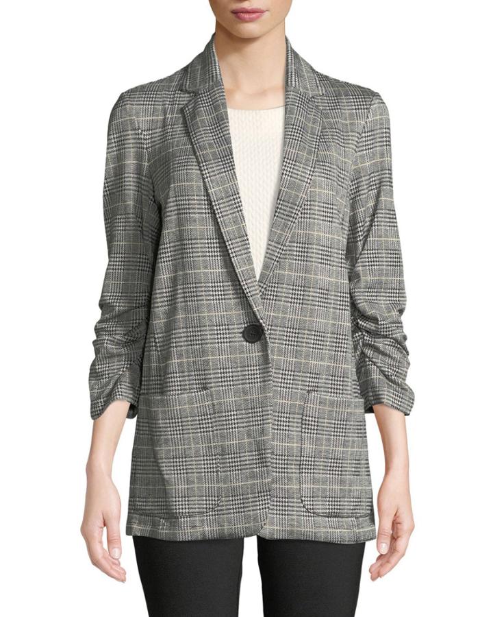 Ruched-sleeve Plaid Jacket