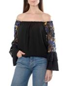 Off-the-shoulder Embroidered Bell-sleeve Blouse