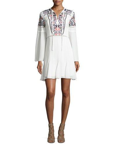 Milly Embroidered Long-sleeve Mini Dress, Ivory