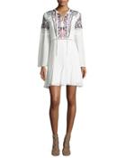 Milly Embroidered Long-sleeve Mini Dress, Ivory