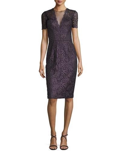 Short-sleeve Lace Cocktail Dress, Grape