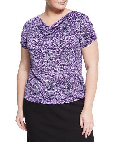 Cowl-neck Printed Jersey Blouse, Navy,
