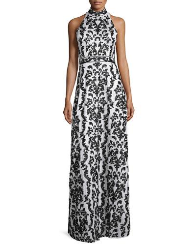Makeena Embellished Lace Gown, Black/white