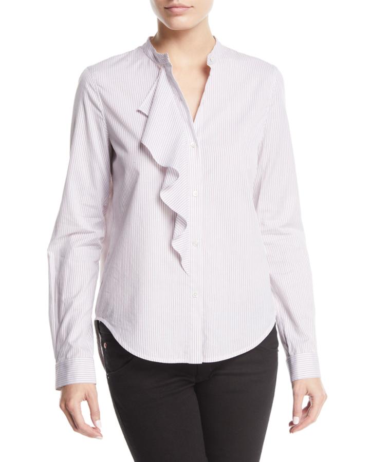 Striped Long-sleeve Ruffle Button-front