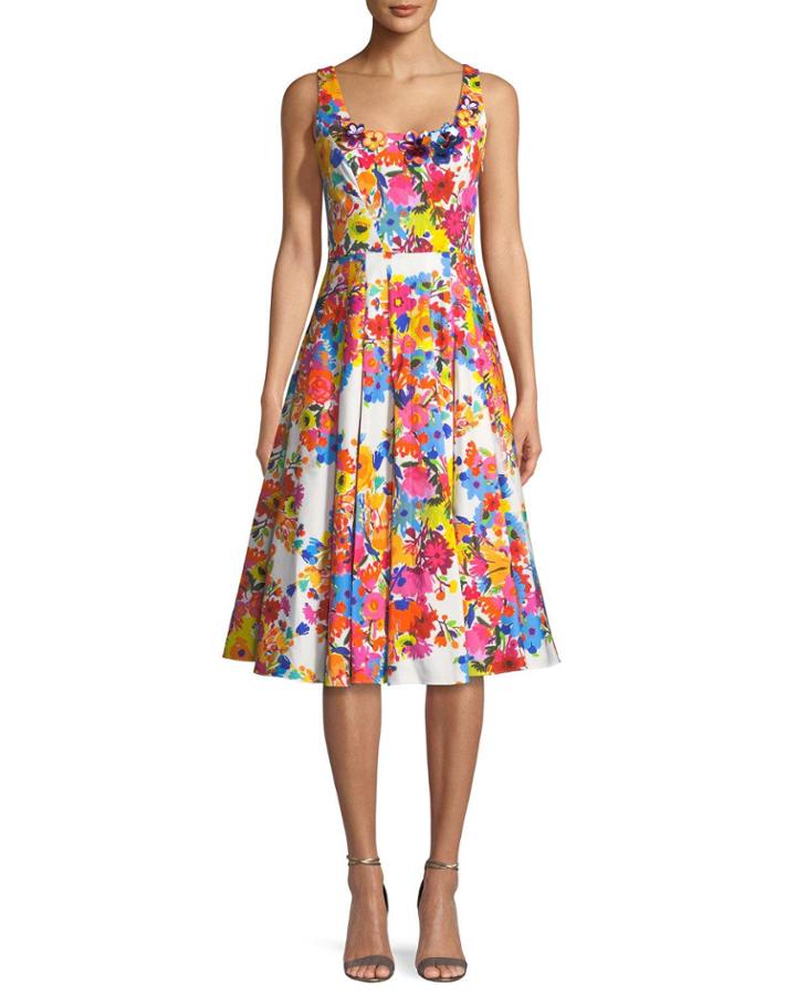 Floral-print Sleeveless Satin Tea-length Cocktail Dress