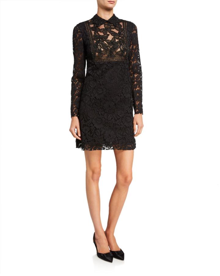 Butterfly & Floral Lace Minidress, Black