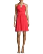 Embellished-neck Pleated-bodice Dress, High Risk Red