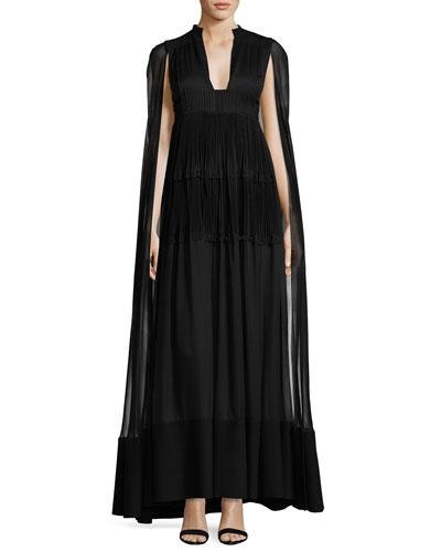 Long Cape-sleeve V-neck Evening Gown